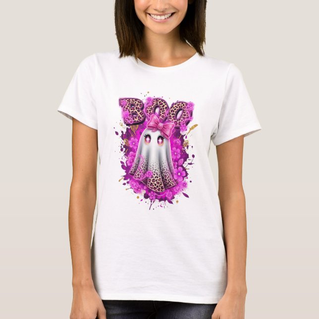 T-shirt Chemise d'Halloween du fantôme léopard rose (Devant)