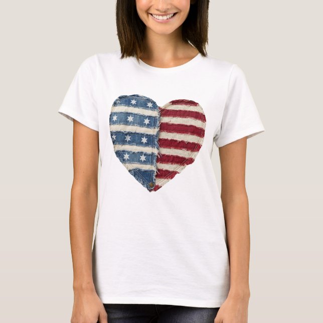 T-shirt Chemise du 4 juillet Patchwork, cœur rétro Patriot (Devant)