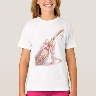 T-shirt Chemise Fille Sorcière Balai Enchanté Rose