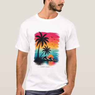 T-shirt Chemise Graphique Palmiers Plage Coucher de Soleil