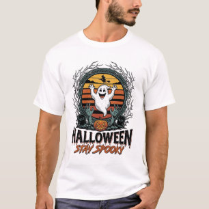 T-shirt Chemise Rétro Halloween avec Lune Fantôme Gravée D