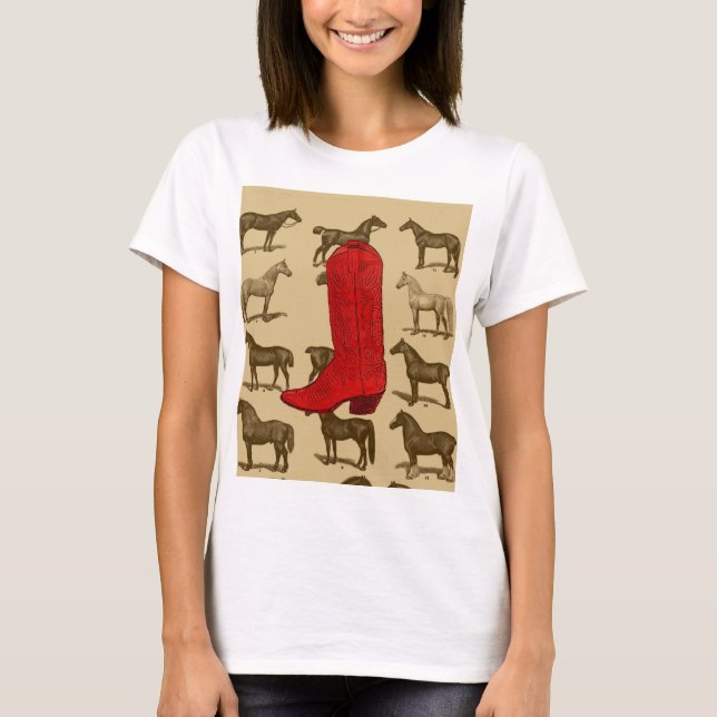 T-shirt Chemise rouge de chevaux de botte de cowboy (Devant)