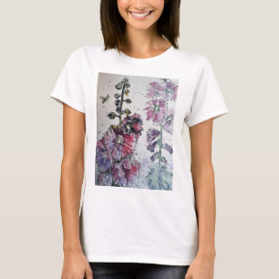 T-shirt Chemise T Peinture d'encre rose Hollyhock Aquarell