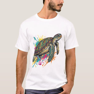 T-shirt Chemise Vintage Gravure Tortue de Mer Couleur Spla