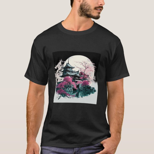 T-shirt Cherry Blossom Japanese Castle with Moon and Water (Devant)