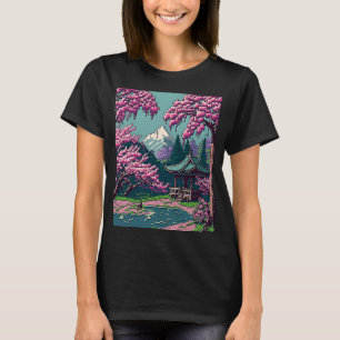 T-shirt Cherry Blossom japonais shrine étang rétro 16bit s