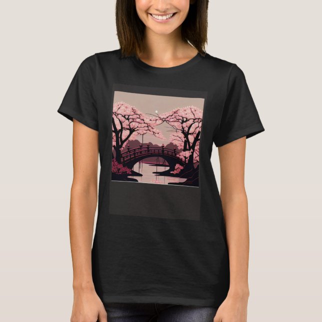 T-shirt Cherry Blossom River and Bridge Artwork Stunning G (Devant)