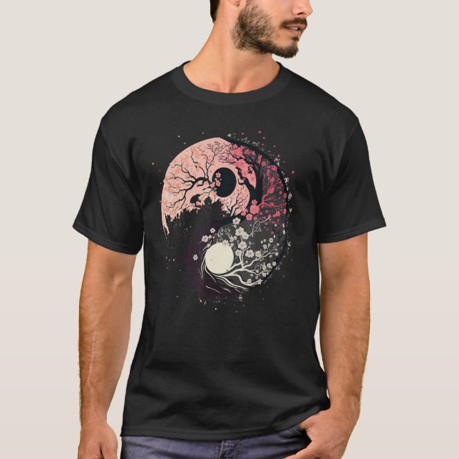 T-shirt Cherry Blossom Taoism Yin Yang on Zen Taijitu Yin  (Devant)
