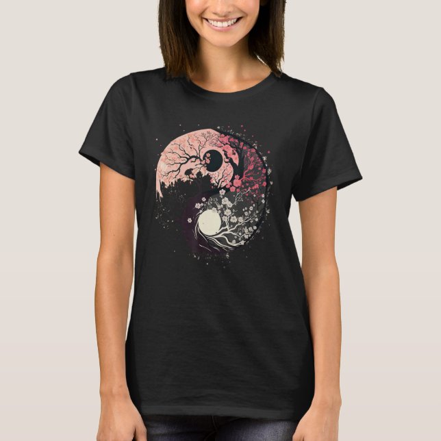 T-shirt Cherry Blossom Taoism Yin Yang on Zen Taijitu Yin  (Devant)