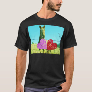 T-shirt Cheval blond et Coeurs rose et rouge
