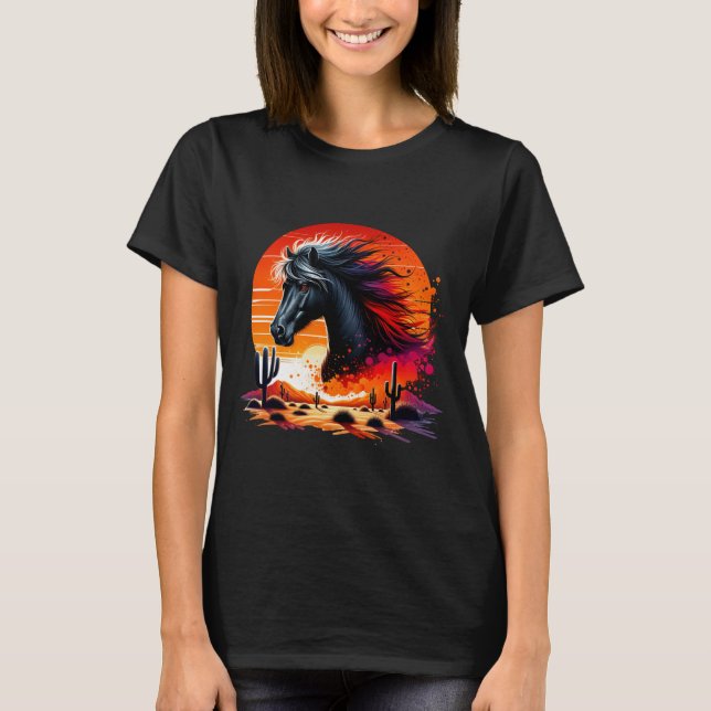T-shirt Cheval noir dans le désert de l'Arizona au coucher (Devant)