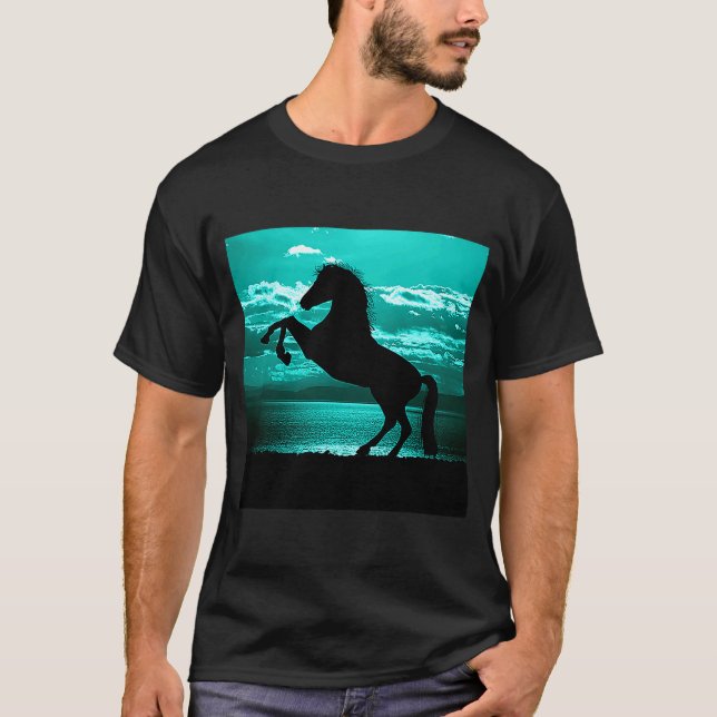 T-shirt Cheval Noir élevant Ciel Turquoise (Devant)