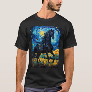 T-shirt Cheval noir Van Gogh Nuit étoilée Peinture Sauvage