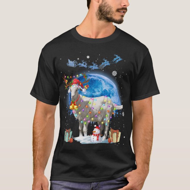 T-shirt Chèvre Noël Lumières Lune Bleue Cadeau X mas Père  (Devant)