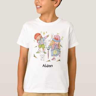 T-shirt Chibi avec lapins avec étiquette de nom variable