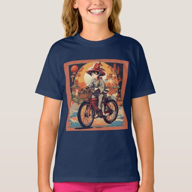 T-shirt Chibi Caractère Hommes Monter Vélo Imprimé Enfants (Devant)