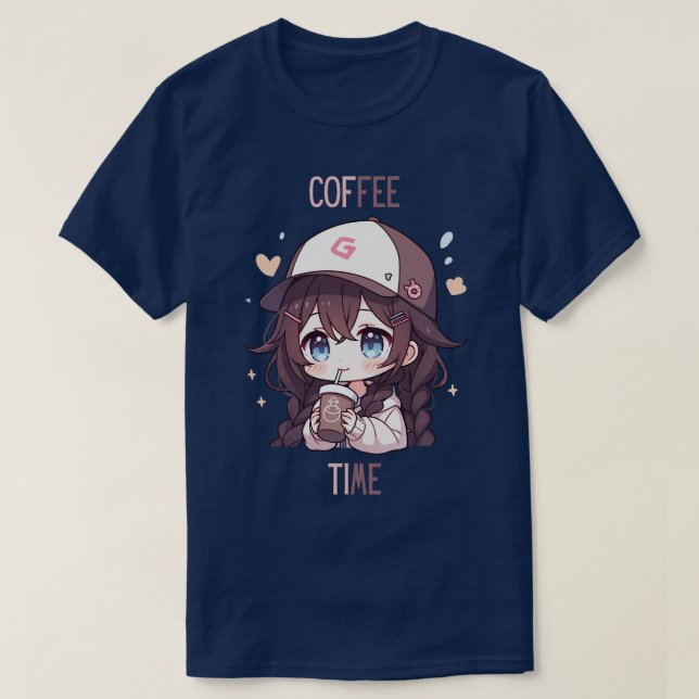 T-shirt Chibi fille boire du café 1 (Design devant)