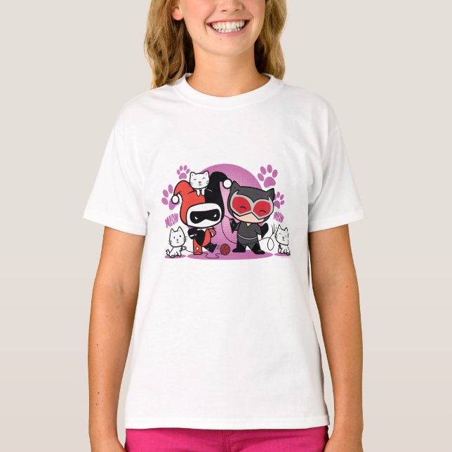 T-shirt Chibi Harley Quinn & Chibi Catwoman Avec Chats (Devant)