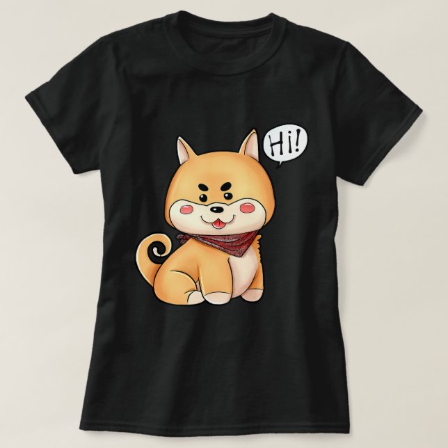 T-shirt Chibi Kawaii Shiba Inu Dog Dites Bonjour (Design devant)