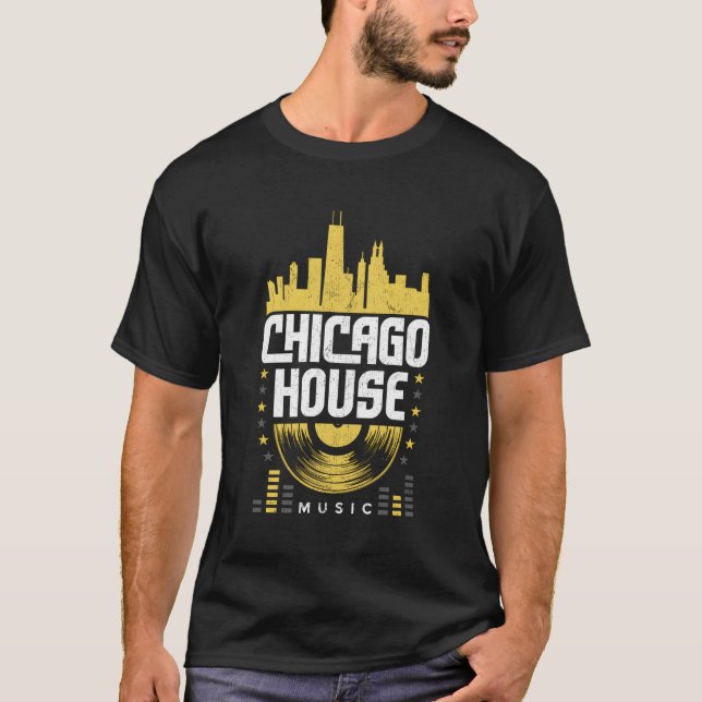 T-shirt Chicago House Music Vinyl Dj Raver drapeau Skyline (Devant)