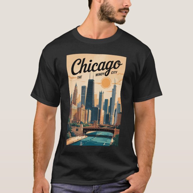 T-shirt Chicago Illinois Skyline Travel Art Vintage (Devant)