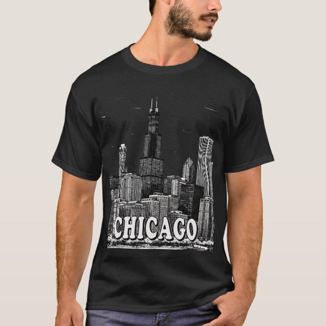 T-shirt Chicago Skyline - Black & White Minimalist City Gr (Devant)
