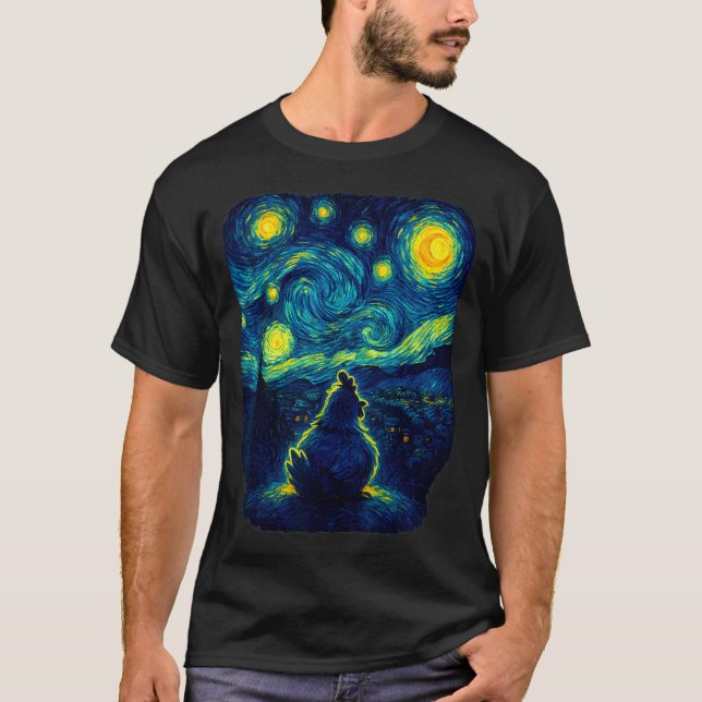 T-shirt Chicken Starry Funny Night Van Gogh Farm Lover Gir (Devant)
