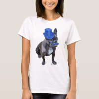 Chien à tête bleue avec chapeau bleu et moustache
