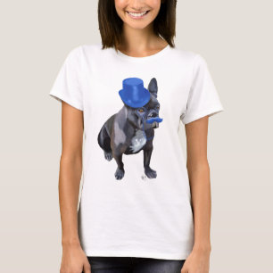 T-shirt Chien à tête bleue avec chapeau bleu et moustache