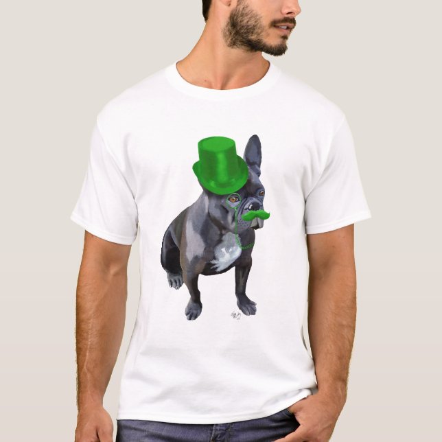 T-shirt Chien à tête verte avec chapeau et moustache (Devant)