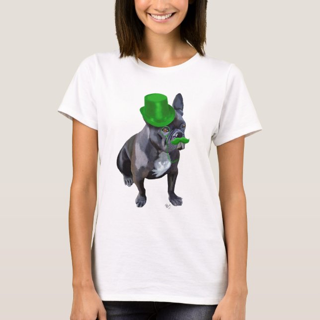 T-shirt Chien à tête verte avec chapeau et moustache (Devant)