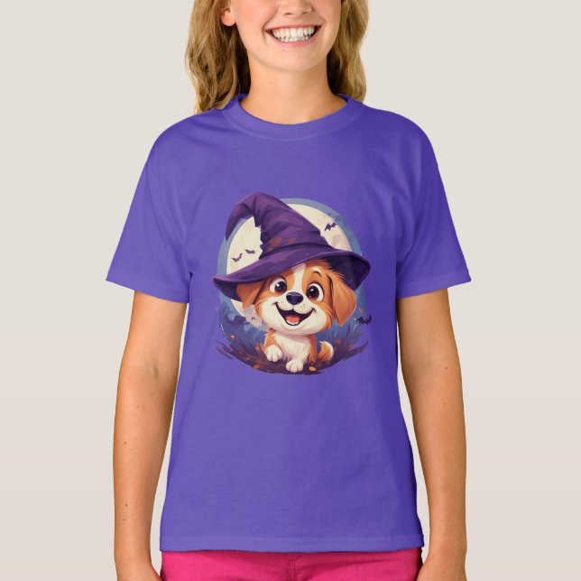 T-shirt Chien adorable avec un chapeau de sorcière (Devant)