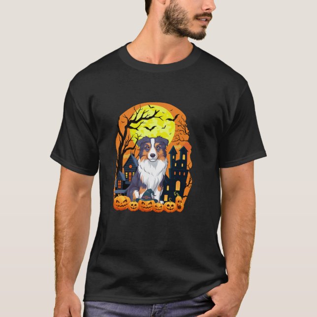 T-shirt Chien Berger Australien Avec Hallow Citrouille (Devant)