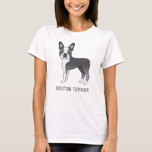 T-shirt Chien Bleu Et Blanc Cute Boston Terrier Avec Texte (Devant)