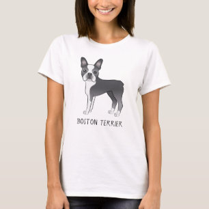 T-shirt Chien Boston Terrier Mignon Bleu Et Blanc Avec Tex