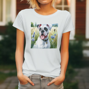T-shirt Chien Boxer Blanc Élégant Parmi Les Fleurs