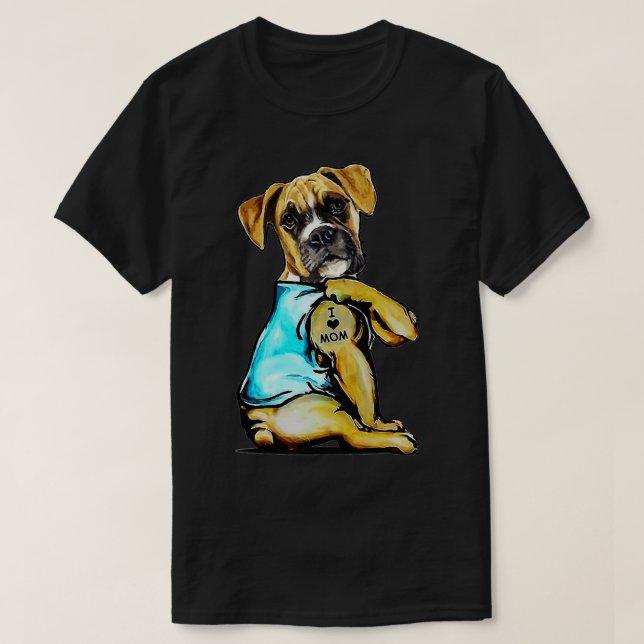 T-shirt Chien Boxer Chien Tatouage J'aime maman Fête des m (Design devant)
