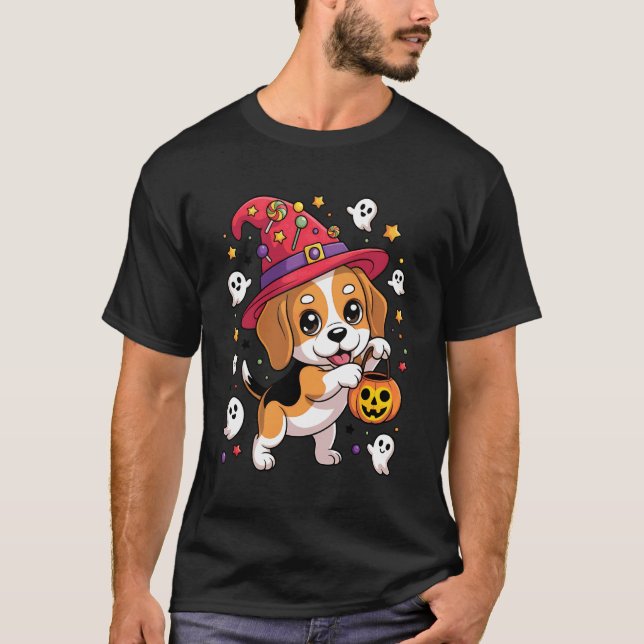 T-shirt Chien Chien Beagle Drôle Citrouille Fantôme Bonbon (Devant)