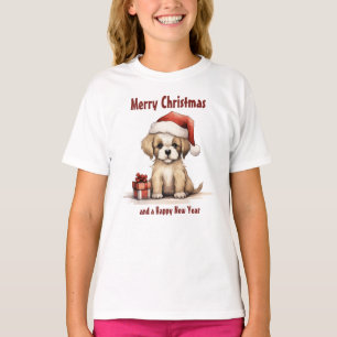 T-shirt Chien chiot mignon portant un chapeau de Père Noël