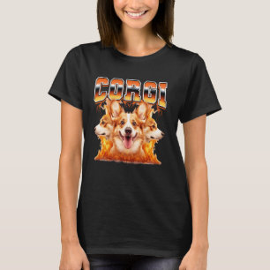 T-shirt Chien Corgi Flammes Style Bootleg 90s