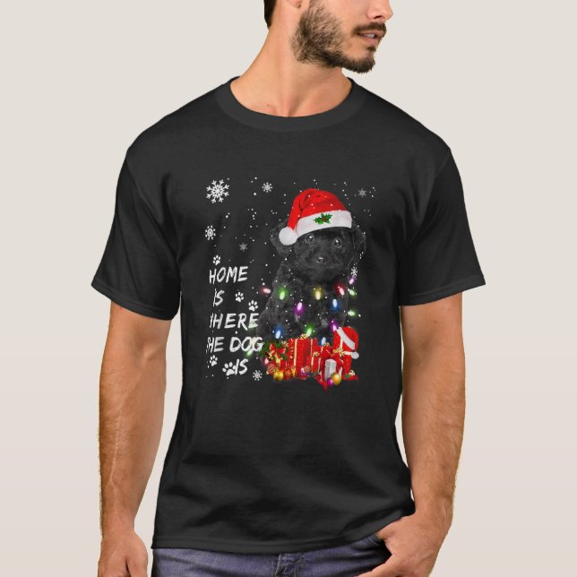 T-shirt Chien de caniche noir Père Noël Christmas Tree Lig (Devant)