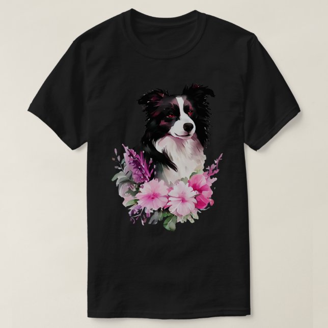 T-shirt Chien de collie frontalier avec fleurs (Design devant)