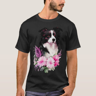 T-shirt Chien de collie frontalier avec fleurs