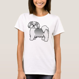 T-shirt Chien de dessin animé mignon Lhasa Apso argent et 