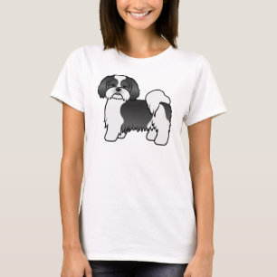 T-shirt Chien de dessin animé mignon Lhasa Apso noir et bl