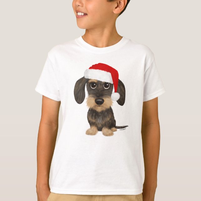 T-shirt Chien de Noël à poils durs Dachshund Père Noël Tec (Devant)