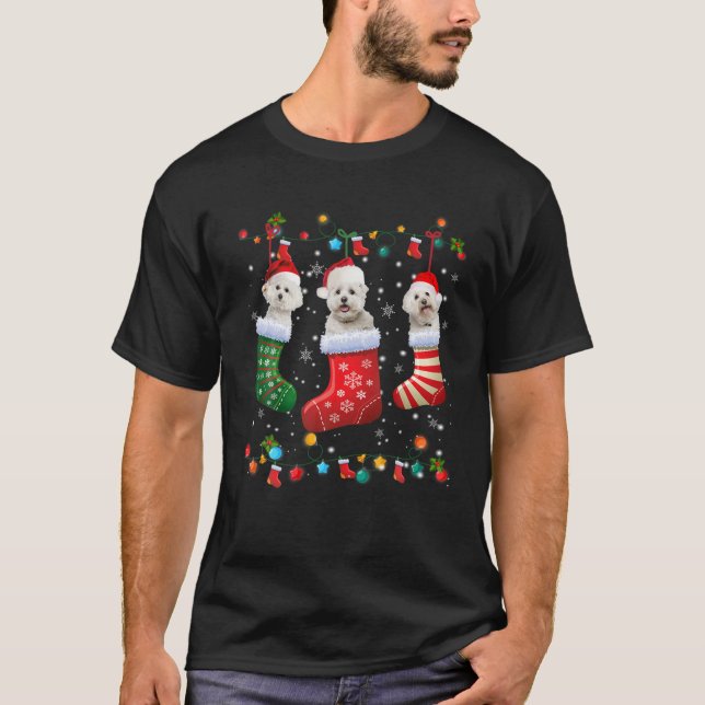T-shirt Chien de Noël Bichon Frise Chaussettes de Noël Drô (Devant)