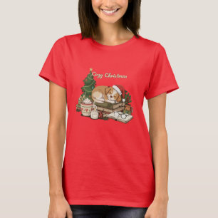 T-shirt Chien de Noël endormi et livres vintage cosy
