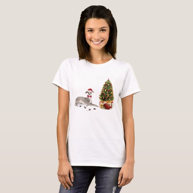 T-shirt Chien de Noël italien Greyhound avec arbre (Devant entier)