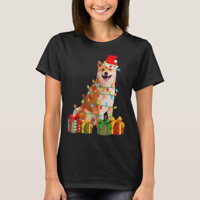 T-shirt Chien de Noël Xmas Shiba Inu Lumières de Noël Mari (Devant)